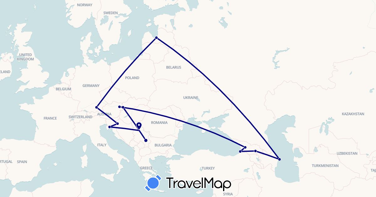 TravelMap itinerary: driving in Austria, Azerbaijan, Germany, Georgia, Croatia, Latvia, Serbia, Slovakia (Asia, Europe)